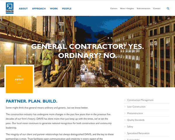 An animated gif of the about page on Davis Construction's website