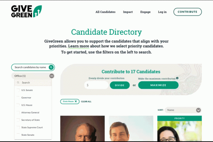 an animated gif of givegreen's candidate donation page